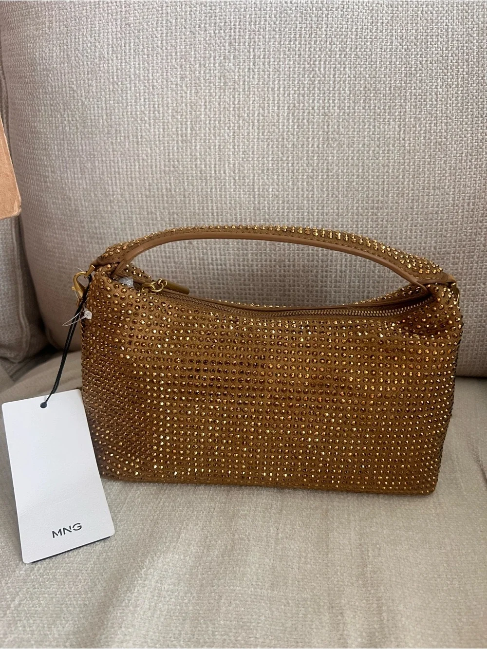 Mango Mini Top-Handle Bag in Metallic Gold Rhinestone clutch evening